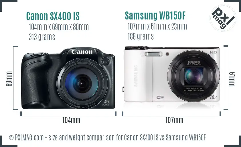 Canon SX400 IS vs Samsung WB150F size comparison