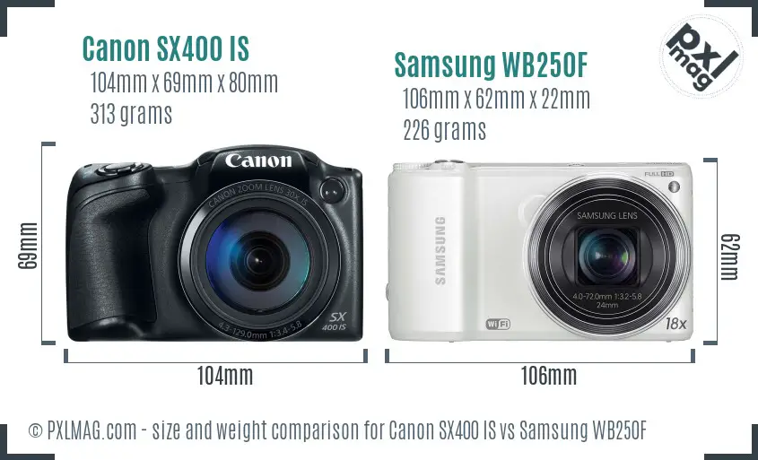 Canon SX400 IS vs Samsung WB250F size comparison