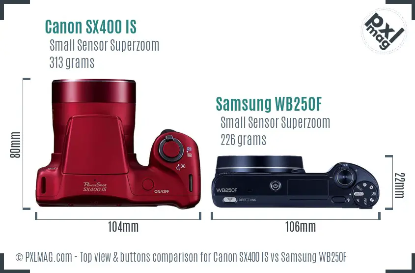 Canon SX400 IS vs Samsung WB250F top view buttons comparison