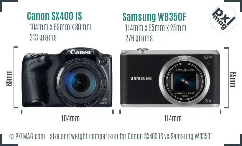 Canon SX400 IS vs Samsung WB350F size comparison