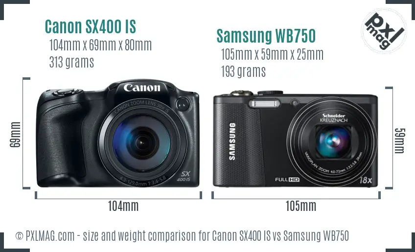 Canon SX400 IS vs Samsung WB750 size comparison