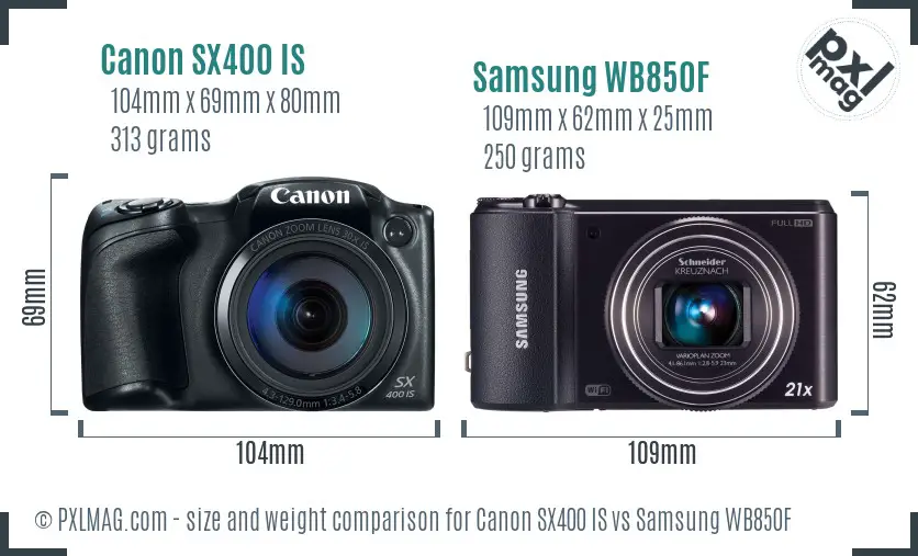 Canon SX400 IS vs Samsung WB850F size comparison