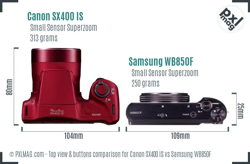 Canon SX400 IS vs Samsung WB850F top view buttons comparison