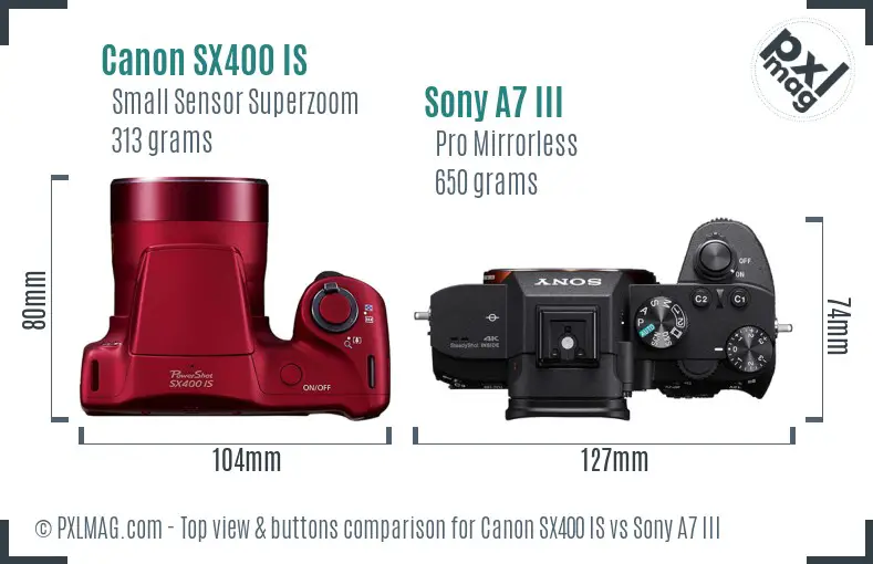 Canon SX400 IS vs Sony A7 III top view buttons comparison