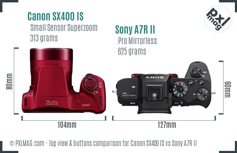 Canon SX400 IS vs Sony A7R II top view buttons comparison