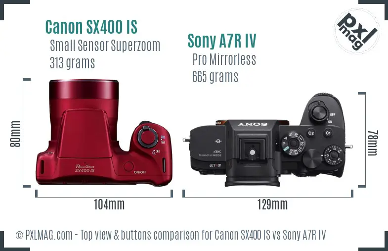 Canon SX400 IS vs Sony A7R IV top view buttons comparison Canon SX400 IS vs Sony A7R IV top view buttons comparison