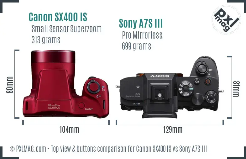 Canon SX400 IS vs Sony A7S III top view buttons comparison