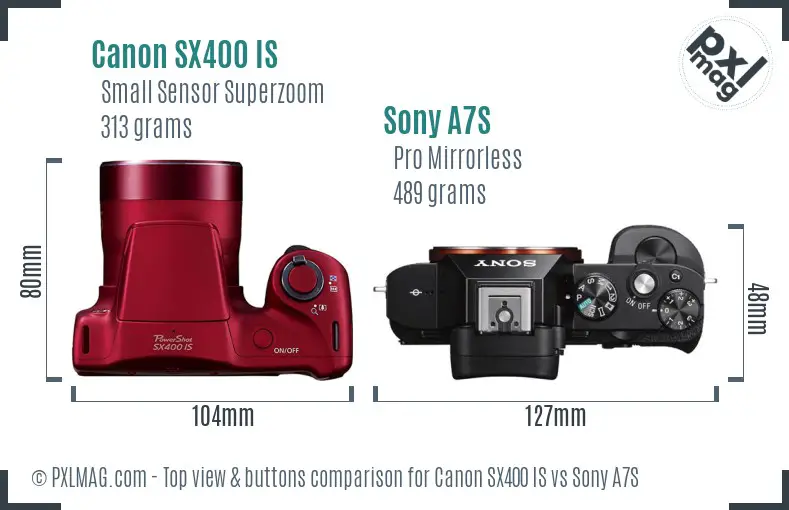 Canon SX400 IS vs Sony A7S top view buttons comparison