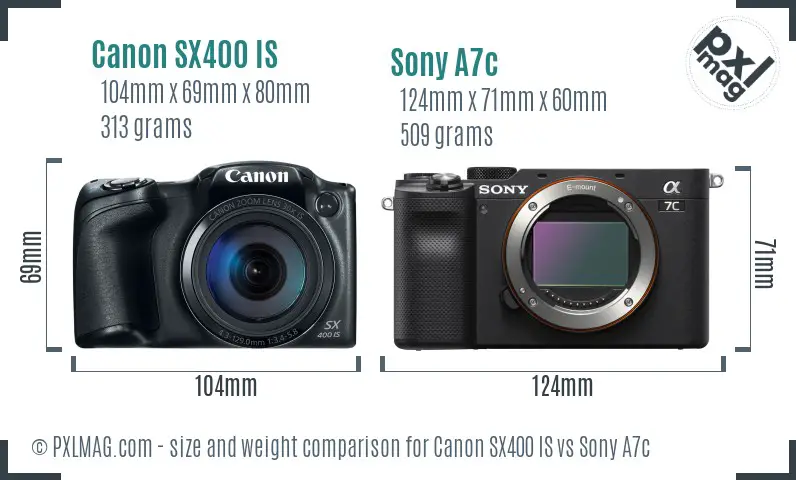 Canon SX400 IS vs Sony A7c size comparison