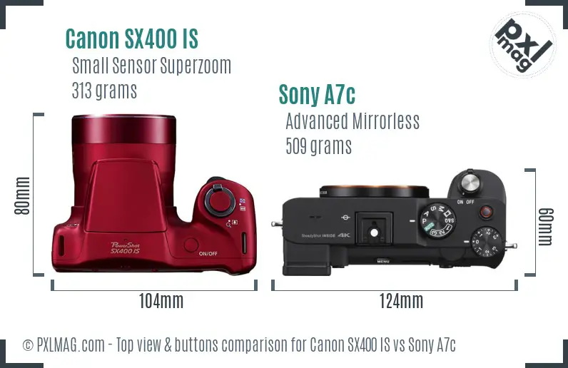 Canon SX400 IS vs Sony A7c top view buttons comparison