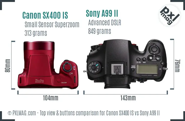 Canon SX400 IS vs Sony A99 II top view buttons comparison
