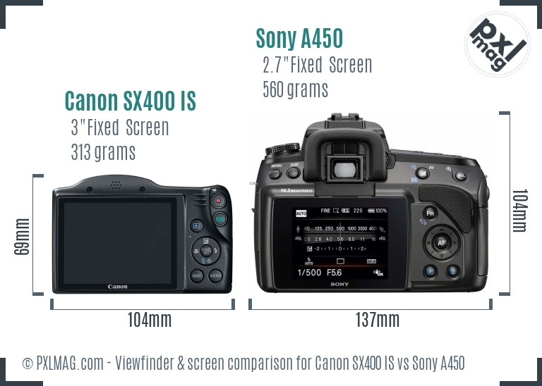 Canon SX400 IS vs Sony A450 Screen and Viewfinder comparison