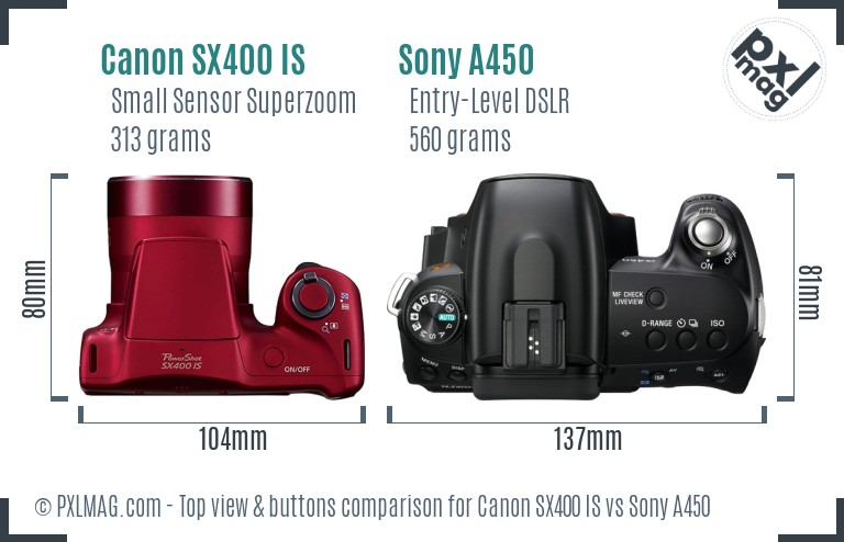 Canon SX400 IS vs Sony A450 top view buttons comparison