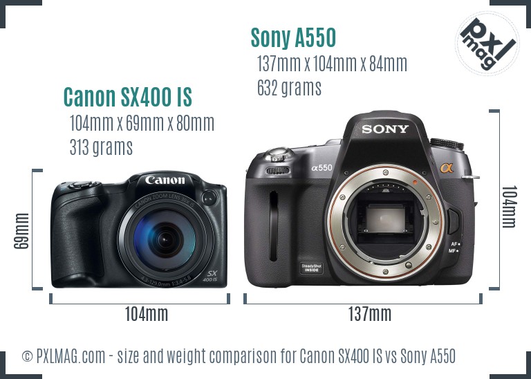 Canon SX400 IS vs Sony A550 size comparison Canon SX400 IS vs Sony A550 size comparison