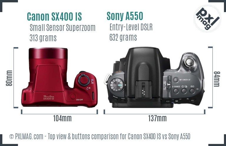 Canon SX400 IS vs Sony A550 top view buttons comparison