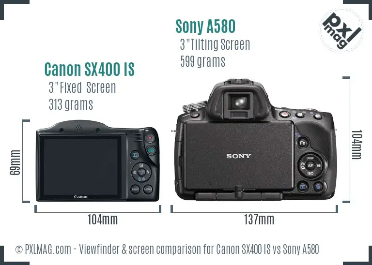 Canon SX400 IS vs Sony A580 Screen and Viewfinder comparison