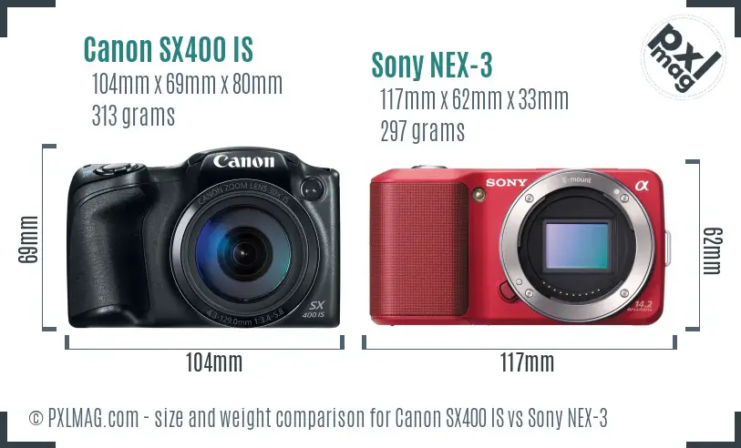 Canon SX400 IS vs Sony NEX-3 size comparison