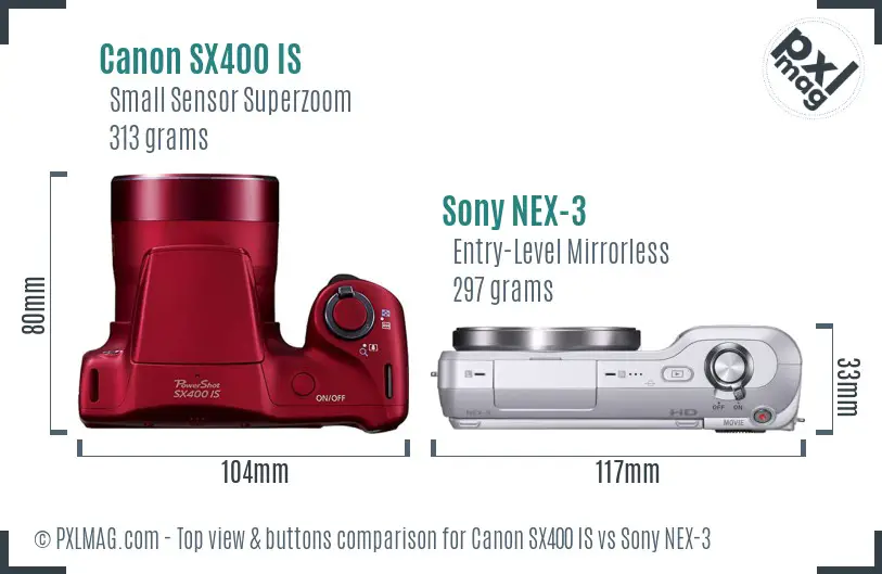 Canon SX400 IS vs Sony NEX-3 top view buttons comparison