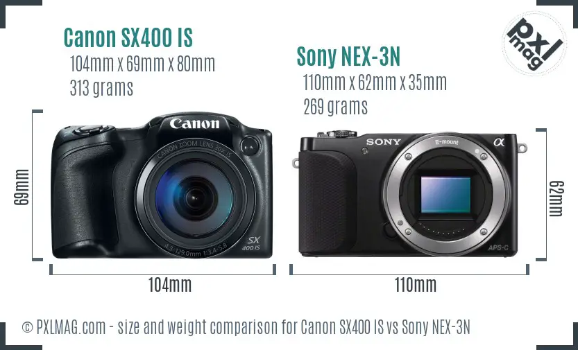 Canon SX400 IS vs Sony NEX-3N size comparison