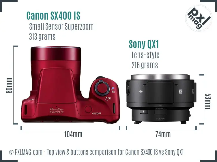 Canon SX400 IS vs Sony QX1 top view buttons comparison Canon SX400 IS vs Sony QX1 top view buttons comparison