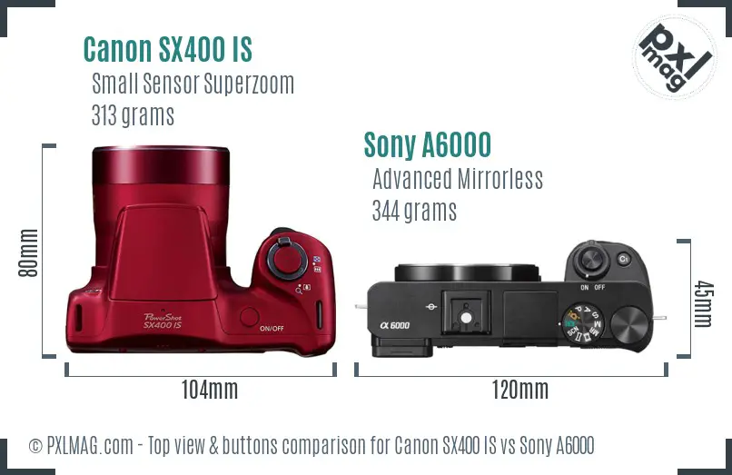 Canon SX400 IS vs Sony A6000 top view buttons comparison