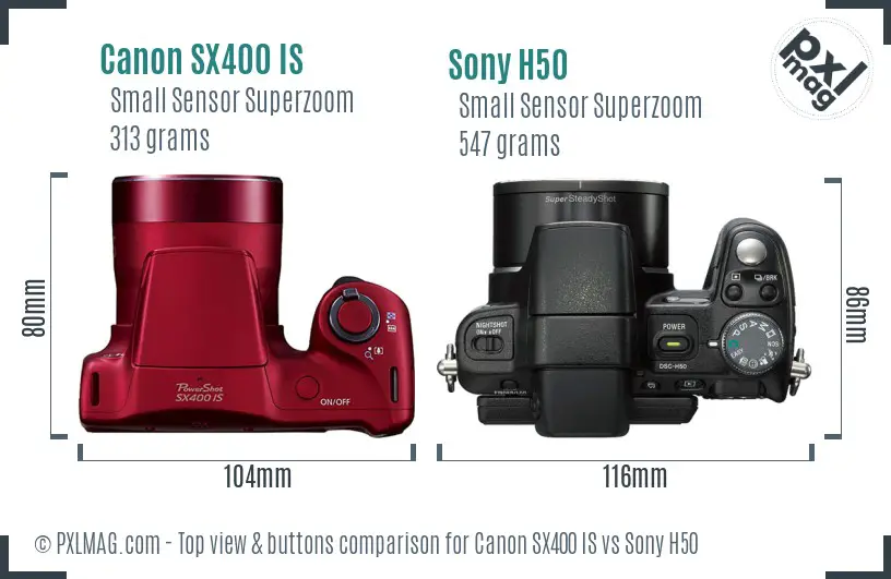 Canon SX400 IS vs Sony H50 top view buttons comparison