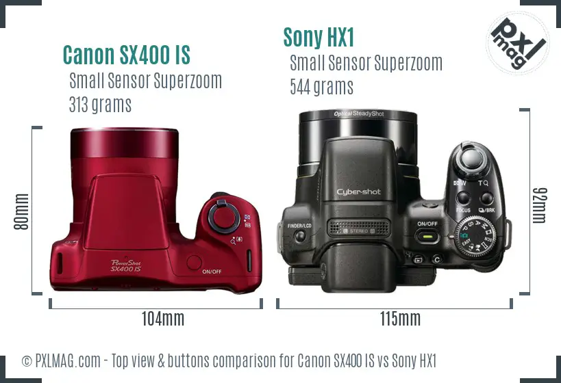 Canon SX400 IS vs Sony HX1 top view buttons comparison