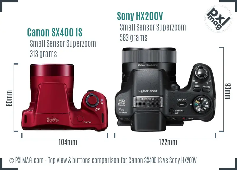 Canon SX400 IS vs Sony HX200V top view buttons comparison