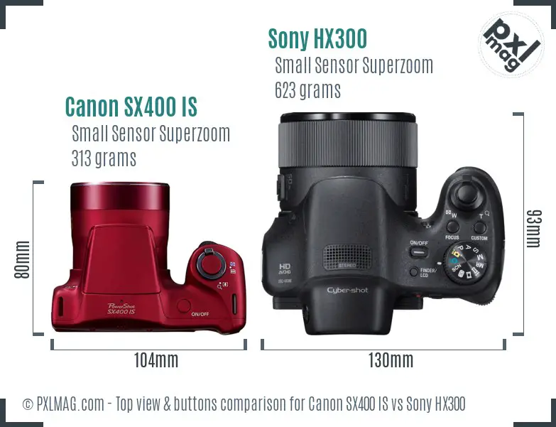 Canon SX400 IS vs Sony HX300 top view buttons comparison