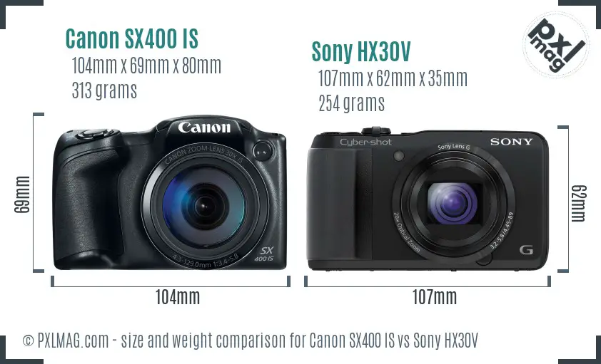 Canon SX400 IS vs Sony HX30V size comparison