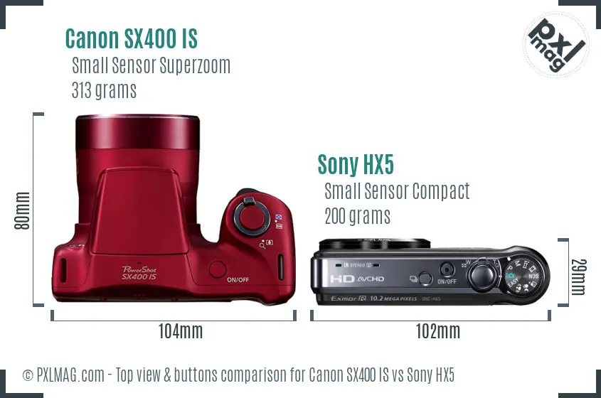 Canon SX400 IS vs Sony HX5 top view buttons comparison