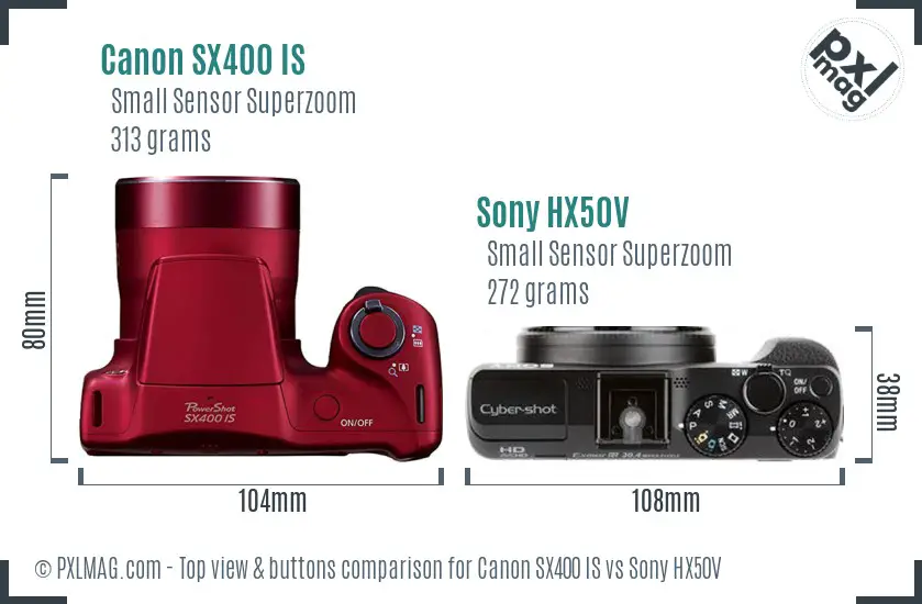 Canon SX400 IS vs Sony HX50V top view buttons comparison