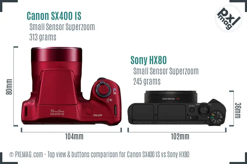 Canon SX400 IS vs Sony HX80 top view buttons comparison