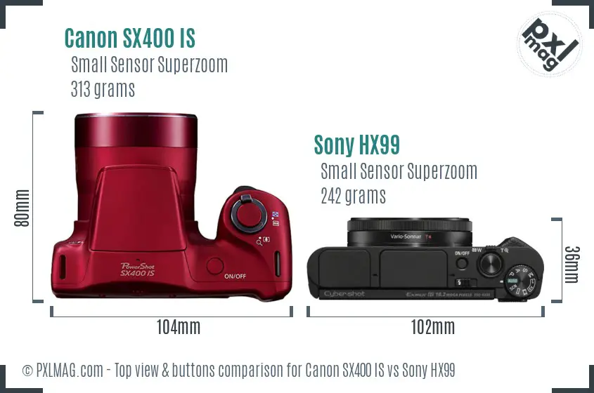 Canon SX400 IS vs Sony HX99 top view buttons comparison