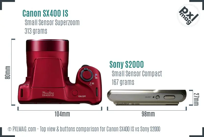 Canon SX400 IS vs Sony S2000 top view buttons comparison