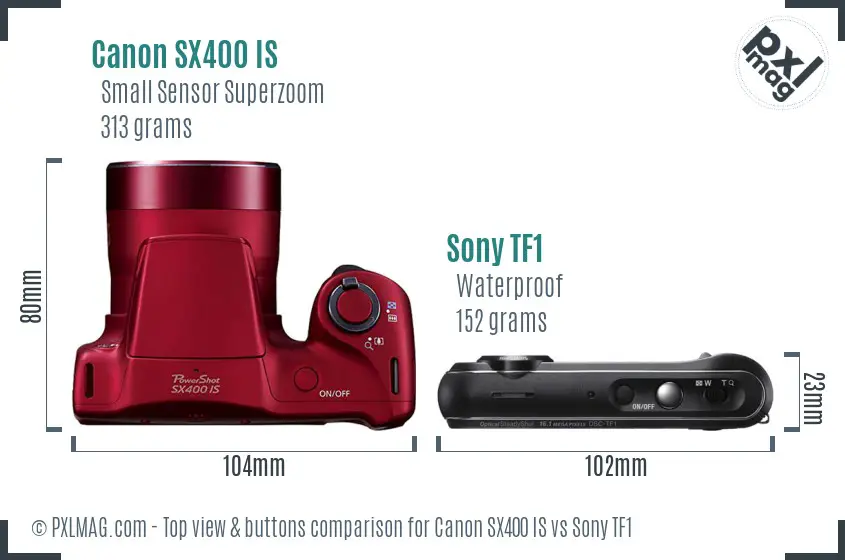 Canon SX400 IS vs Sony TF1 top view buttons comparison Canon SX400 IS vs Sony TF1 top view buttons comparison