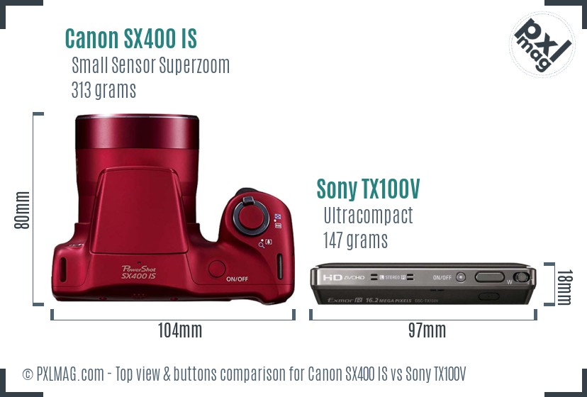 Canon SX400 IS vs Sony TX100V top view buttons comparison