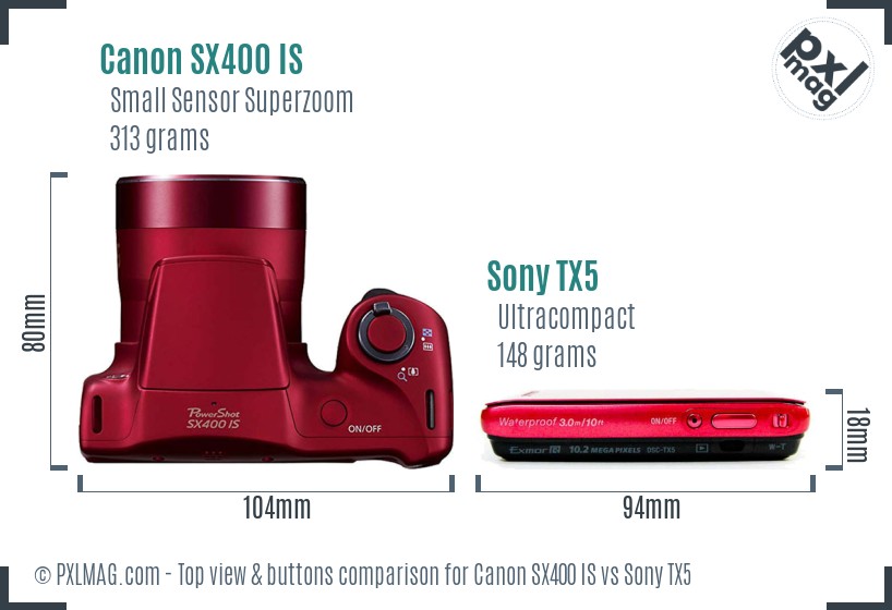 Canon SX400 IS vs Sony TX5 top view buttons comparison