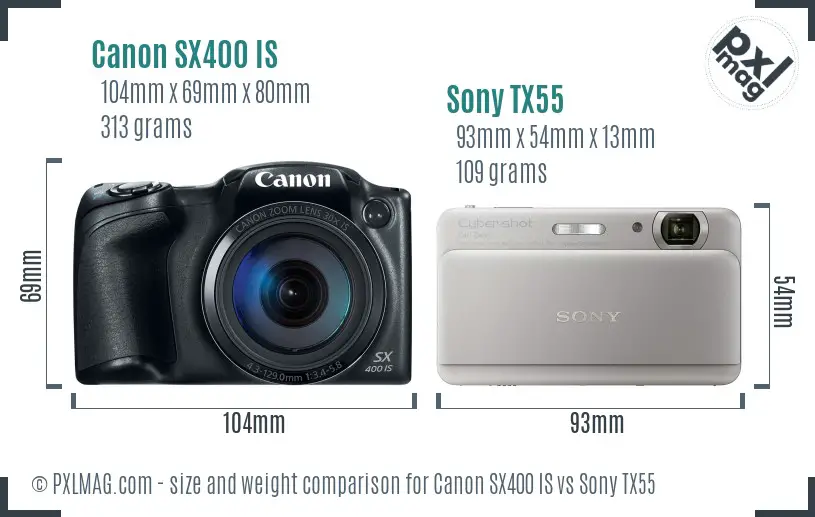 Canon SX400 IS vs Sony TX55 size comparison