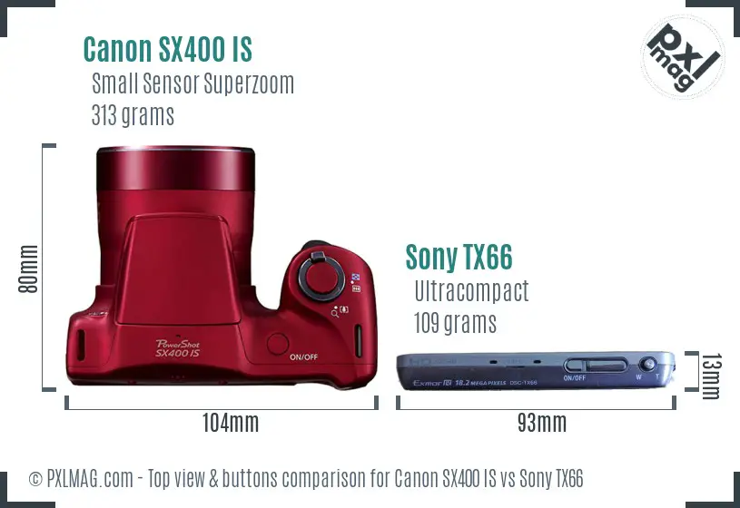 Canon SX400 IS vs Sony TX66 top view buttons comparison