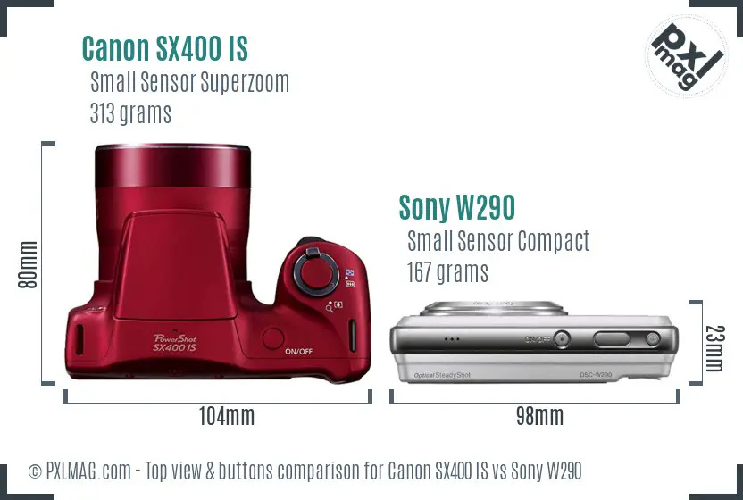 Canon SX400 IS vs Sony W290 top view buttons comparison