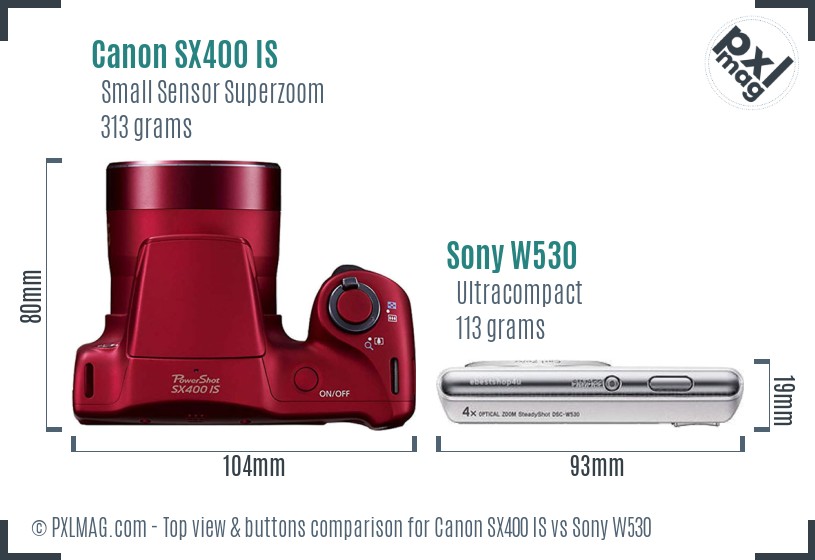 Canon SX400 IS vs Sony W530 top view buttons comparison
