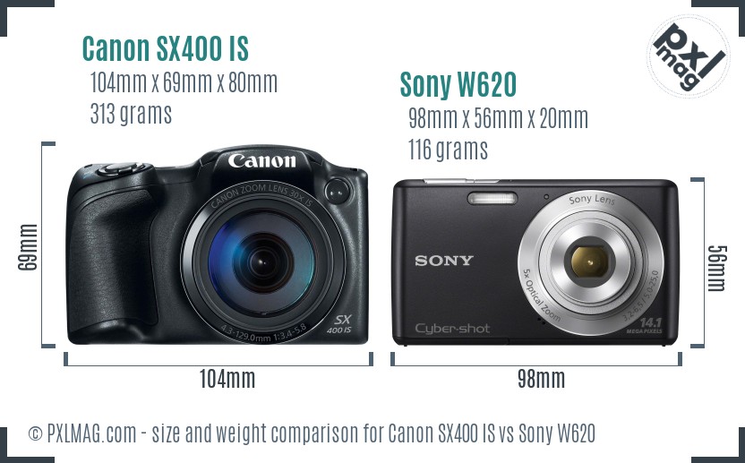 Canon SX400 IS vs Sony W620 size comparison