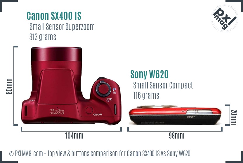 Canon SX400 IS vs Sony W620 top view buttons comparison