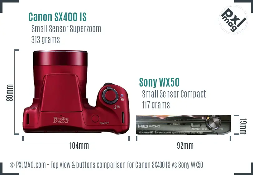 Canon SX400 IS vs Sony WX50 top view buttons comparison Canon SX400 IS vs Sony WX50 top view buttons comparison