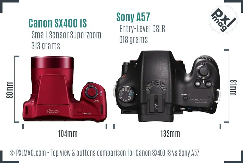 Canon SX400 IS vs Sony A57 top view buttons comparison Canon SX400 IS vs Sony A57 top view buttons comparison
