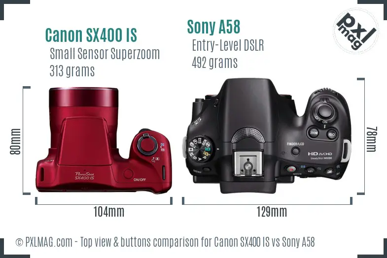 Canon SX400 IS vs Sony A58 top view buttons comparison