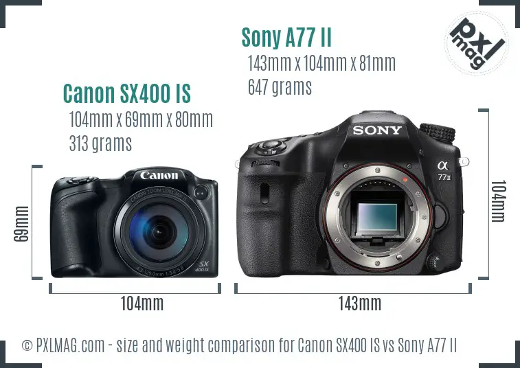 Canon SX400 IS vs Sony A77 II size comparison