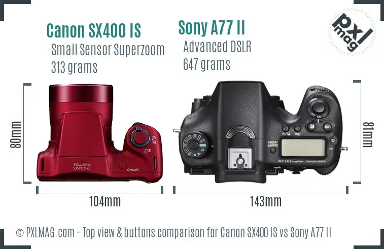 Canon SX400 IS vs Sony A77 II top view buttons comparison