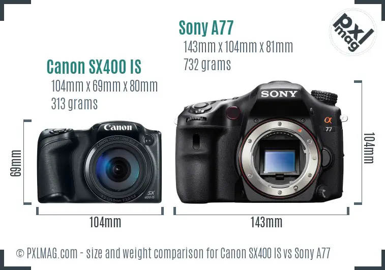Canon SX400 IS vs Sony A77 size comparison